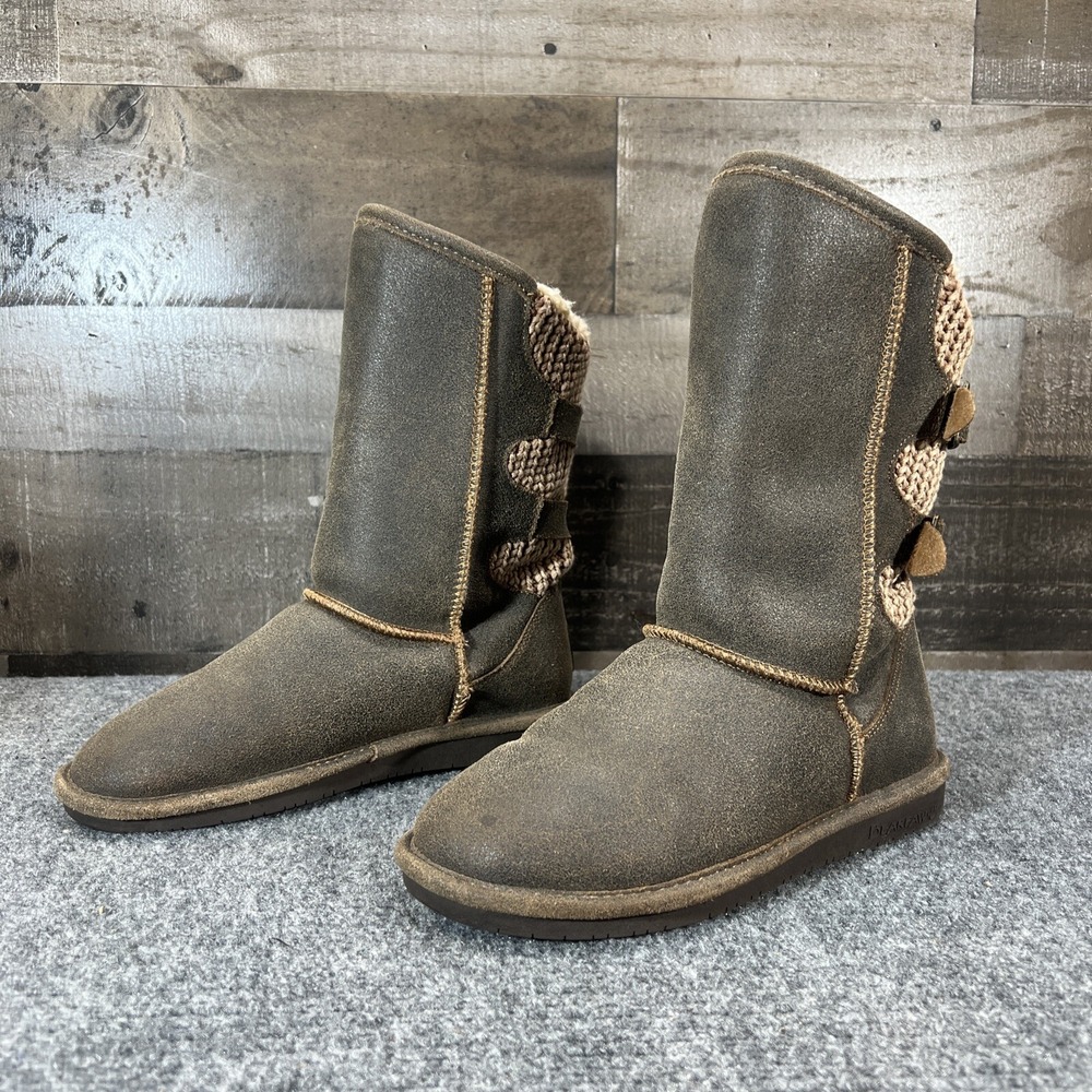 Bearpaw Boshie Boots Knit Back Buckle Sheepskin Footbed Brown Mid Calf Womens 8